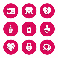 Set Heart tag, Castle in the shape of heart, speech bubble, Bottle with love potion, Champagne bottle, Broken and Dating app online icon. Vector