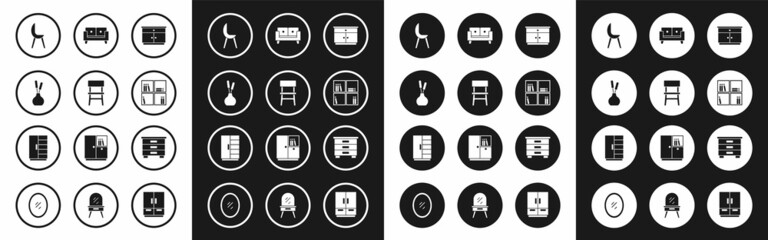 Set Furniture nightstand, Chair, Vase, Armchair, Shelf with books, Sofa, and Wardrobe icon. Vector