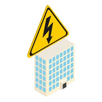 Building Electrification Icon Isometric Vector. High Voltage Sign And Building. Electricity, Warning Sign, Danger