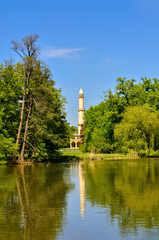 Minaret lookout tower in the park of Lednice Castle in the Czech Republic.