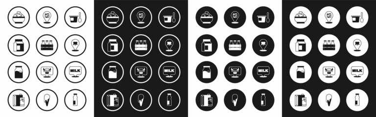 Set Yogurt container with spoon, Bottled milk wooden box, Paper package for, Cottage cheese, Udder, Cheese, Lettering and icon. Vector