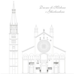 Modena, Italy, the cathedral and the tower ghirlandina (garland), graphic illustration outline