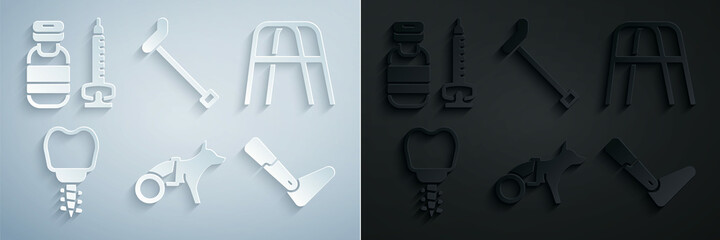 Set Dog in wheelchair, Walker, Dental implant, Prosthesis leg, Walking stick cane and Syringe icon. Vector