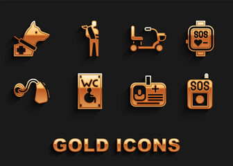 Set Separated toilet for disabled, Smart watch, Press the SOS button, Identification badge, Hearing aid, Electric wheelchair, Guide dog and Human broken arm icon. Vector