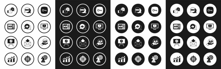 Set Key, Customer product rating, Advertising, Monitor with star, SEO optimization, and Board graph chart icon. Vector