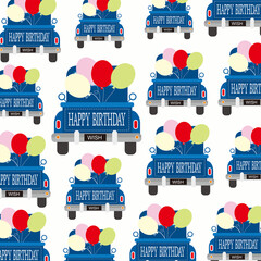 birthday seamless pattern with cars and balloons