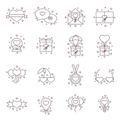 Set of love, wedding, engagement, romantic, online dating line icons. Set of Valentine's Day symbols in outline design: hearts, kiss, ring, gift box, speech bubbles, envelope, etc.