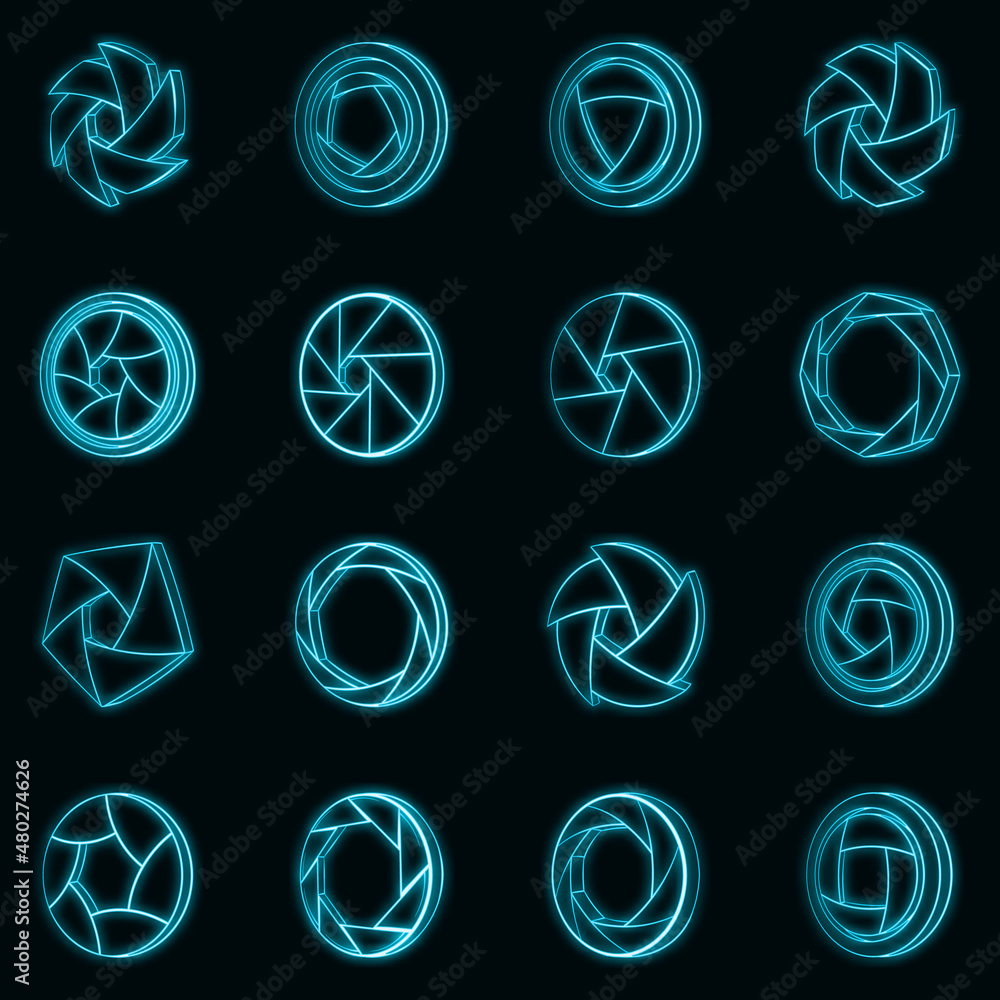 Poster camera aperture set icons in neon style isolated on a black background
