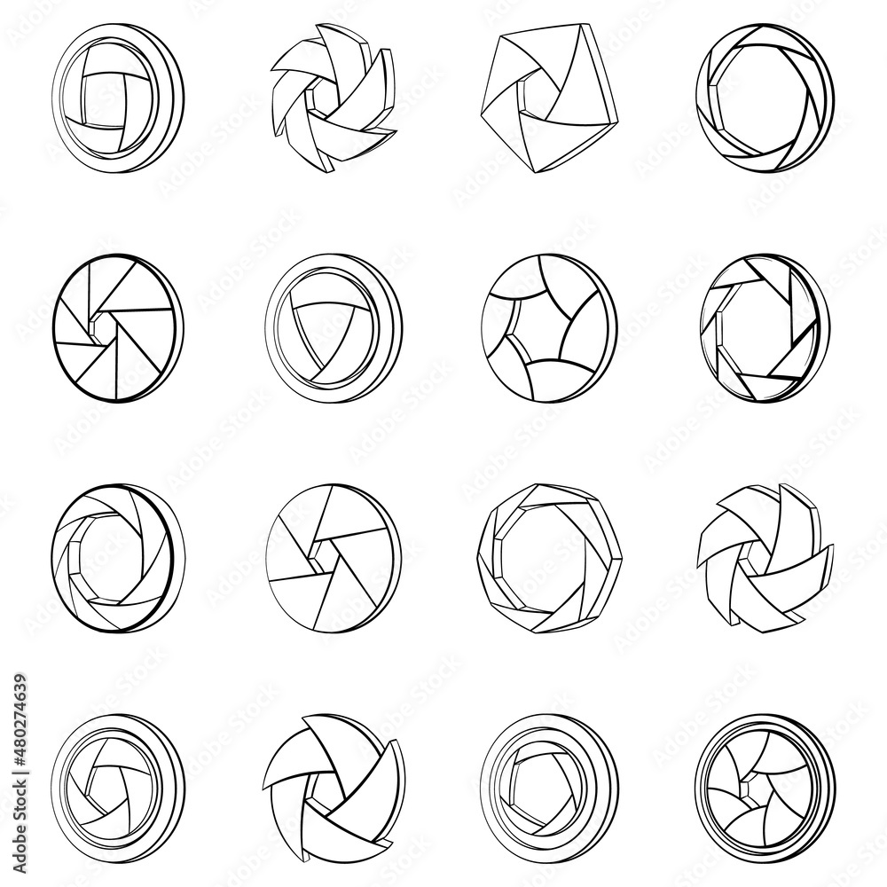 Poster camera aperture icons set in outline style isolated on white background