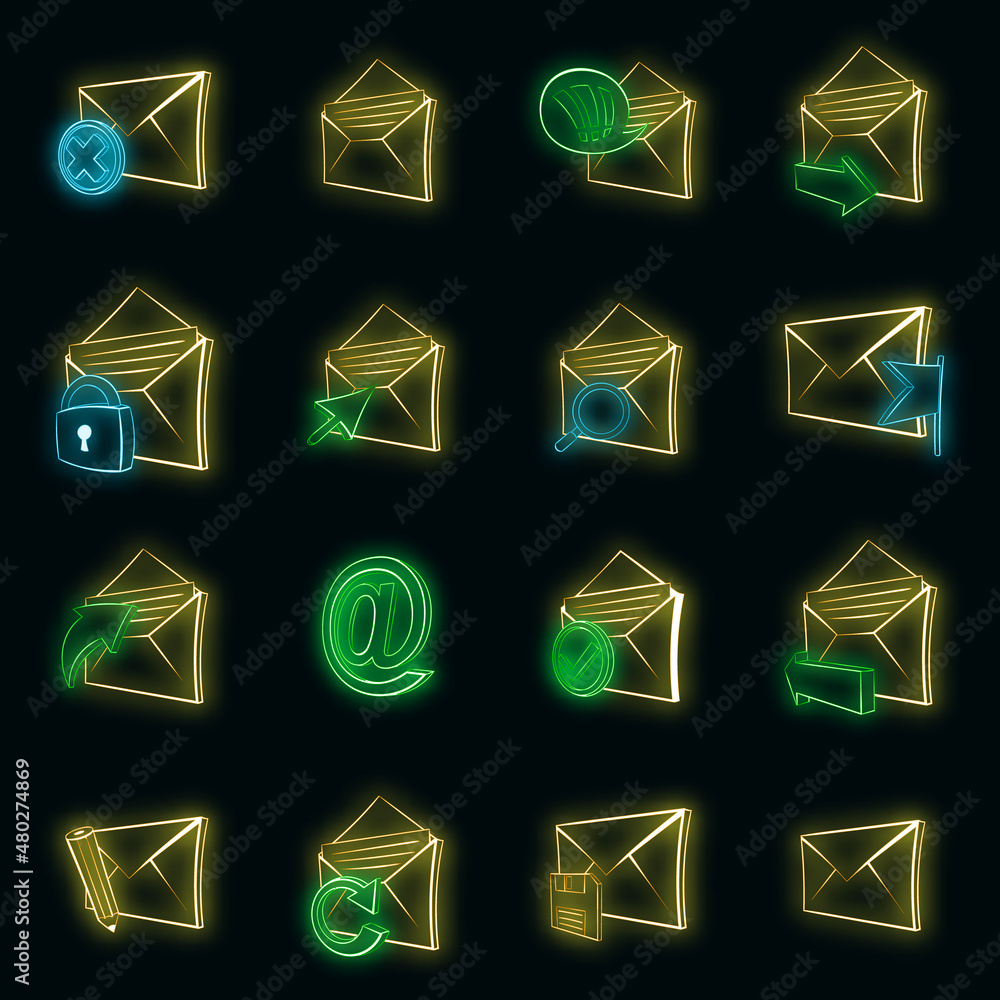 Poster mail set icons in neon style isolated on a black background