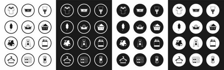 Fototapeta premium Set Rubber cleaner for windows, Time wash, Feather, Drying clothes, Basin with soap suds, Temperature, Washer and Water spill icon. Vector