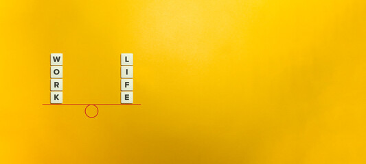Work Life Balance Banner. Letter tiles on bright orange background. Minimal aesthetics.