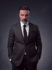 Portrait of a stylish elegant senior businessman with a beard and casual business clothes in photo studio isolated on dark background gesturing with hands