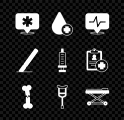 Set Location hospital, Donate drop blood, Heart rate, Human broken bone, Crutch or crutches, Stretcher, Surgery scalpel and Syringe icon. Vector