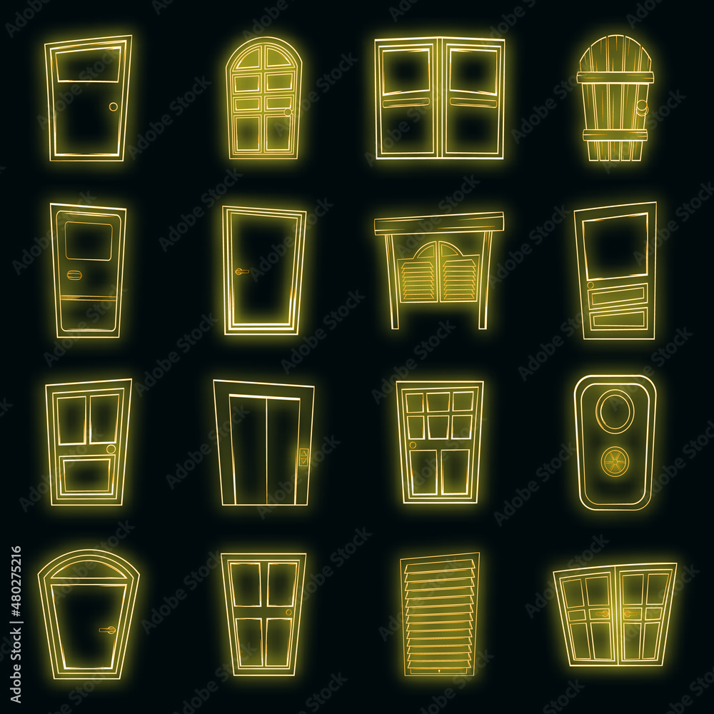 Poster door set icons in neon style isolated on a black background