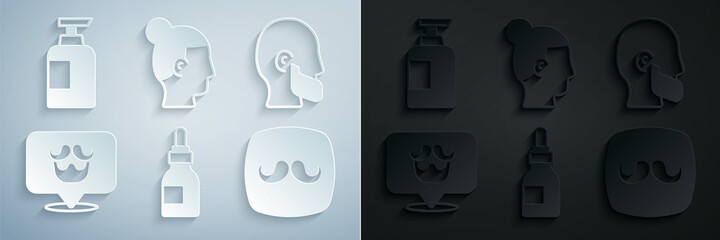 Set Oil bottle, Mustache and beard, Barbershop, Hairstyle for men and Bottle of shampoo icon. Vector