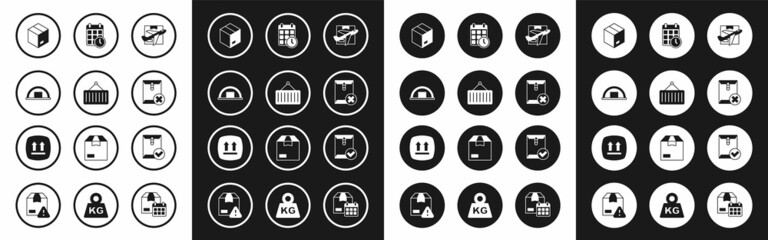 Fototapeta premium Set Plane and cardboard box, Container on crane, Warehouse, Carton, Delete envelope, Cardboard with calendar, Envelope check mark and This side up icon. Vector