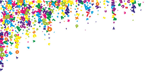 Falling letters of English language. Bright flying words of Latin alphabet. Foreign languages study concept. Astonishing back to school banner on white background.