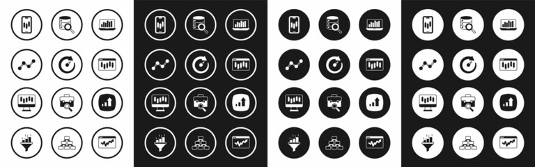 Set Laptop with graph chart, Digital speed meter, Graph infographic, Mobile stock trading, Browser stocks market, Server, Financial growth and Stocks graphs icon. Vector