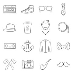 Hipster icons set in outline style isolated on white background