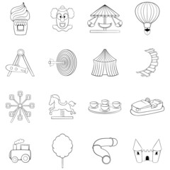 Amusement Park icons set in outline style isolated on white background