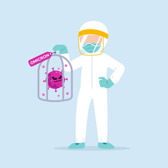 Doctor character wearing hazmat suit holding COVID-19 Omicron variant B.1.1.529 a New strain of coronavirus locked in a cage to prevent outbreak. Vector illustration design.