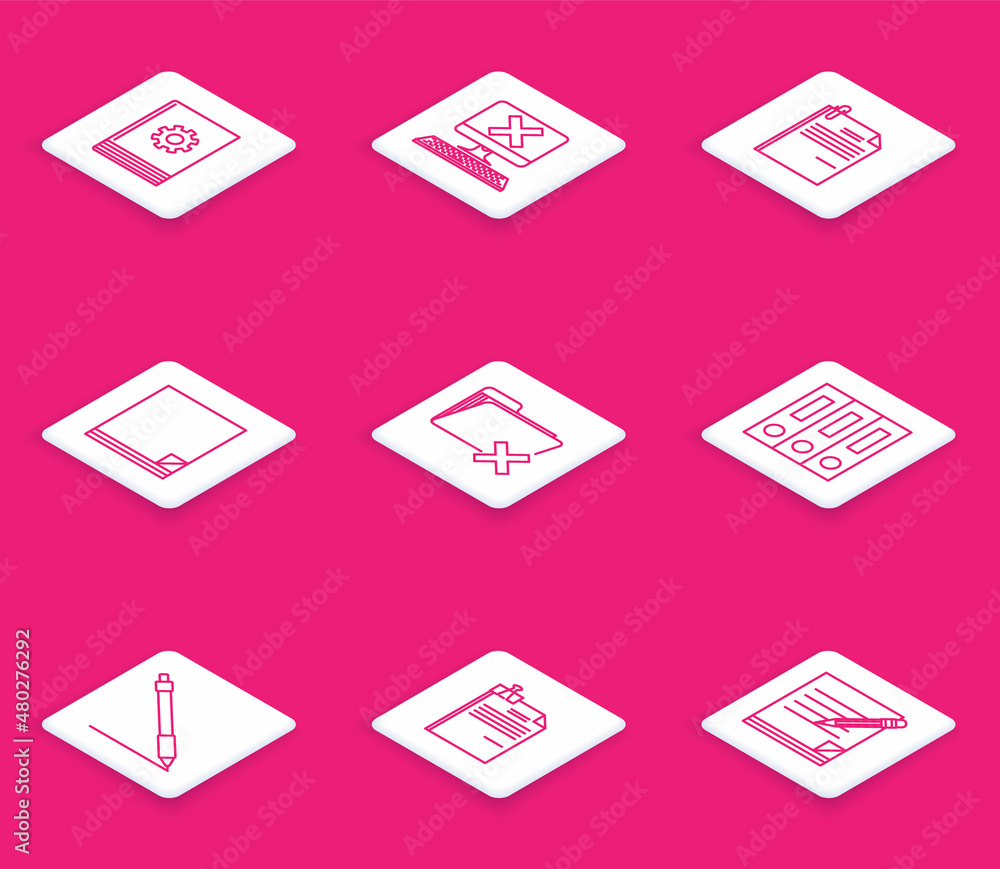 Poster set line user manual, computer with keyboard and x mark, file document paper clip, delete folder, of
