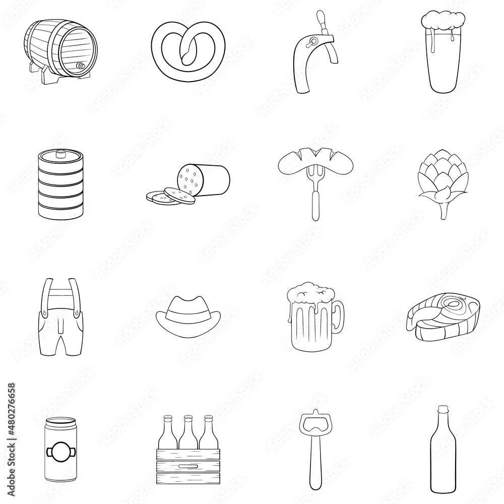 Poster octoberfest icons set in outline style isolated on white background