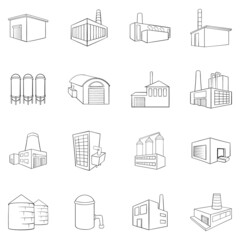 Industrial building plants and factories icons set in outline style isolated on white background