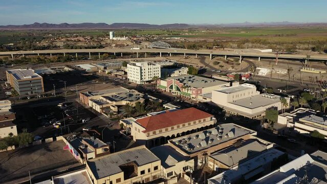 Sunset aerial view of the downtown cityscape of Yuma, Arizona, USA.