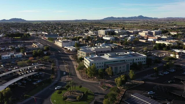 Sunset aerial view of the downtown cityscape of Yuma, Arizona, USA.