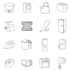 Household appliances icons set in outline style isolated on white background