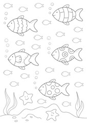 coloring sheet for kids with a group of fish swimming in the ocean, cartoon starfish and more. you can print it on standard A4 paper. vertical orientation