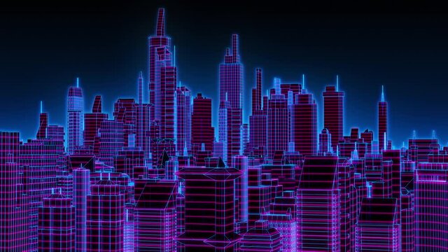 3D cyberpunk and retro wave downtown cityscape at night