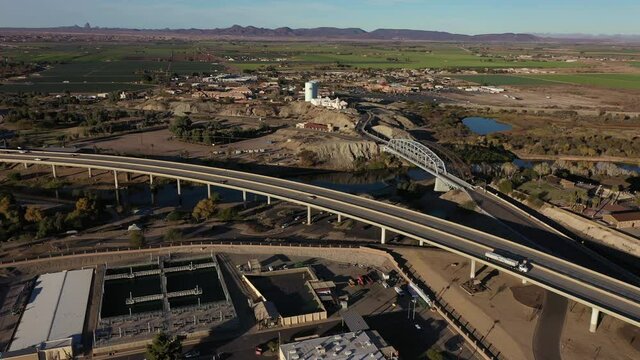 Sunset view of street and freeway  infrastructure as they run through downtown Yuma, Arizona, USA.