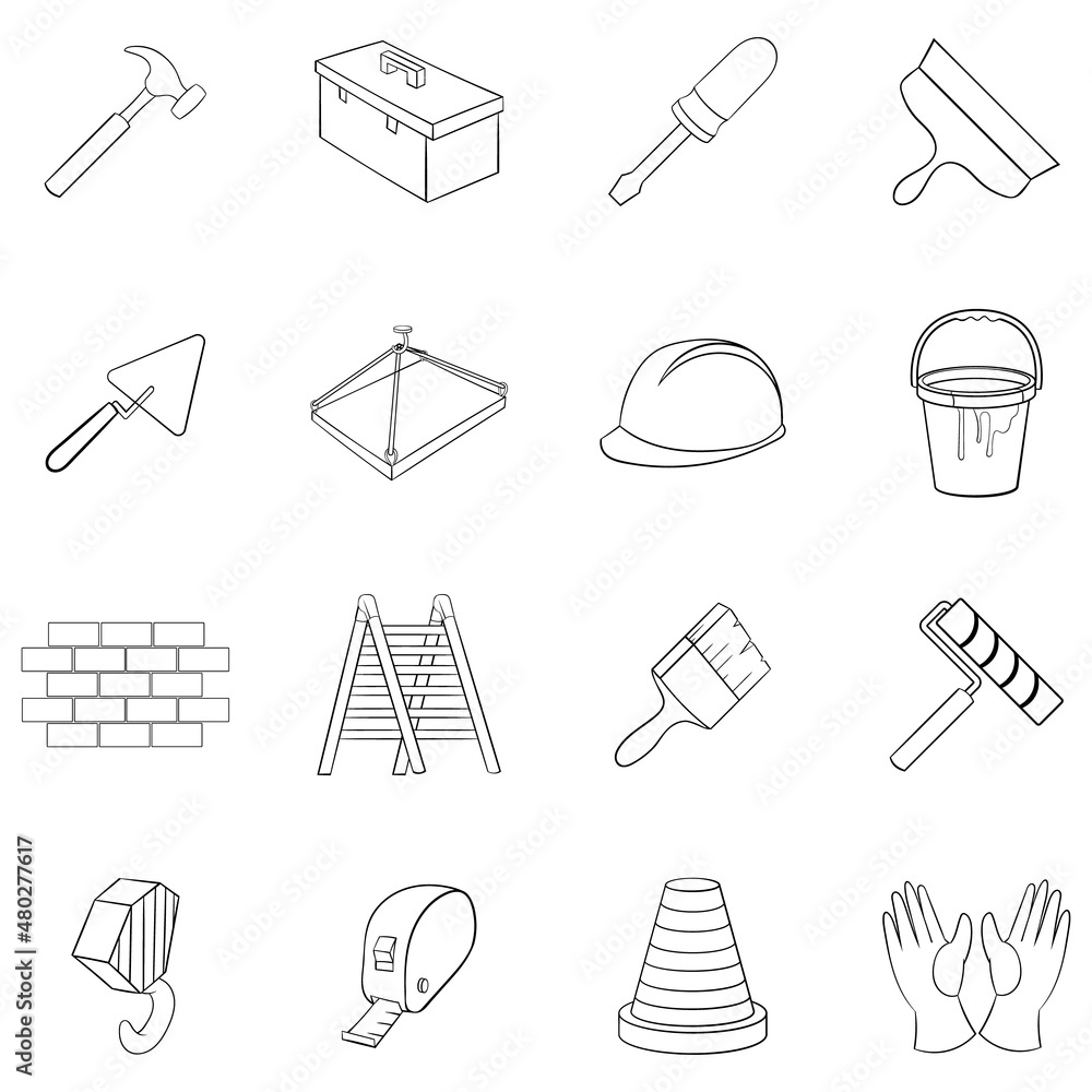 Aufkleber working tools set icons in outline style isolated on white background