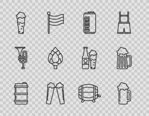 Set line Metal beer keg, Glass of, Beer can, Hop, Wooden barrel on rack with stopcock and mug icon. Vector