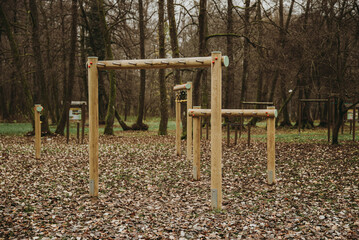 empty exercise equipment outdoors in the park for recreation and fitness