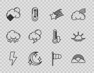 Set line Lightning bolt, Rainbow with clouds, Falling star, Moon and stars, Cloud snow sun, Storm, Cone meteorology windsock wind vane and Sunrise icon. Vector - obrazy, fototapety, plakaty