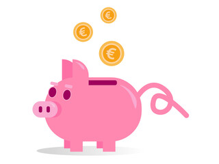 Vector illustration of pink piggy bank with euro coins isolated on white background. Investment and saving money concept