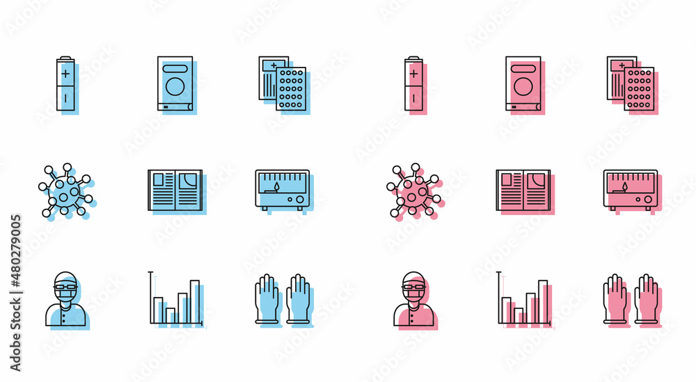 Canvas Prints Set line Assistant, Pie chart infographic, Battery, Rubber gloves, Open book, Electrical measuring instruments, Bacteria and Book icon. Vector