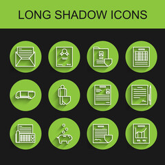 Set line Fax machine, Piggy bank with coin, Mail and e-mail, Contract shield, Document graph chart, Life insurance, pen and Personal document icon. Vector