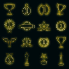 Trophy award icons set in neon style. Sports achievements set collection vector illustration