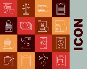 Set line Document with graph chart, Medical hospital building shield, Money, Stacks paper money cash, File document and clip, key and icon. Vector