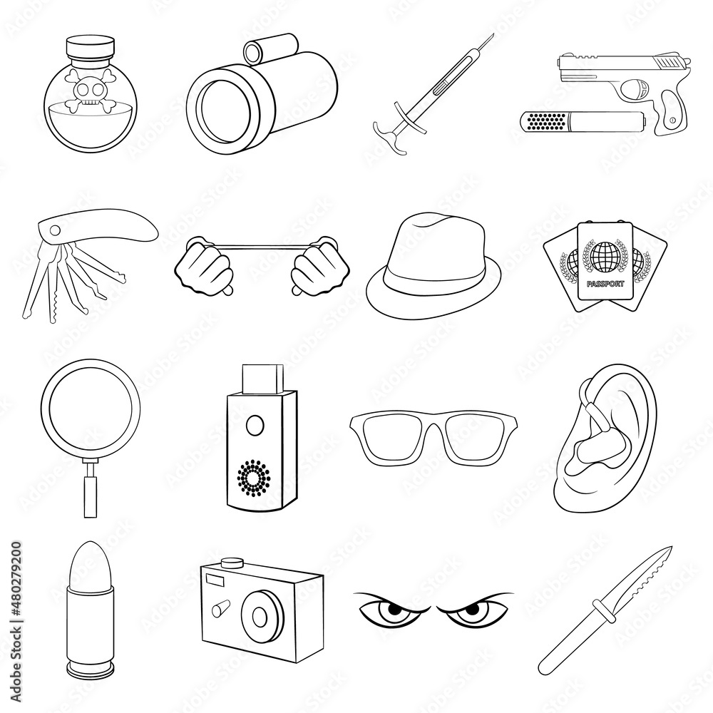 Poster spy and security set icons in outline style isolated on white background