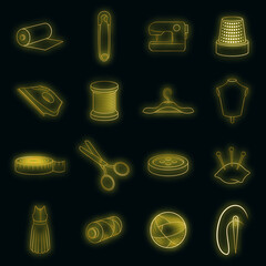 Tailoring icons set in neon style. Sewing and needlework set collection vector illustration
