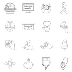 Charity organization set icons in outline style isolated on white background