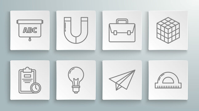 Set line Exam sheet with clock, Magnet, Light bulb concept of idea, Paper airplane, Protractor grid for measuring degrees, Briefcase, Rubik cube and Chalkboard icon. Vector