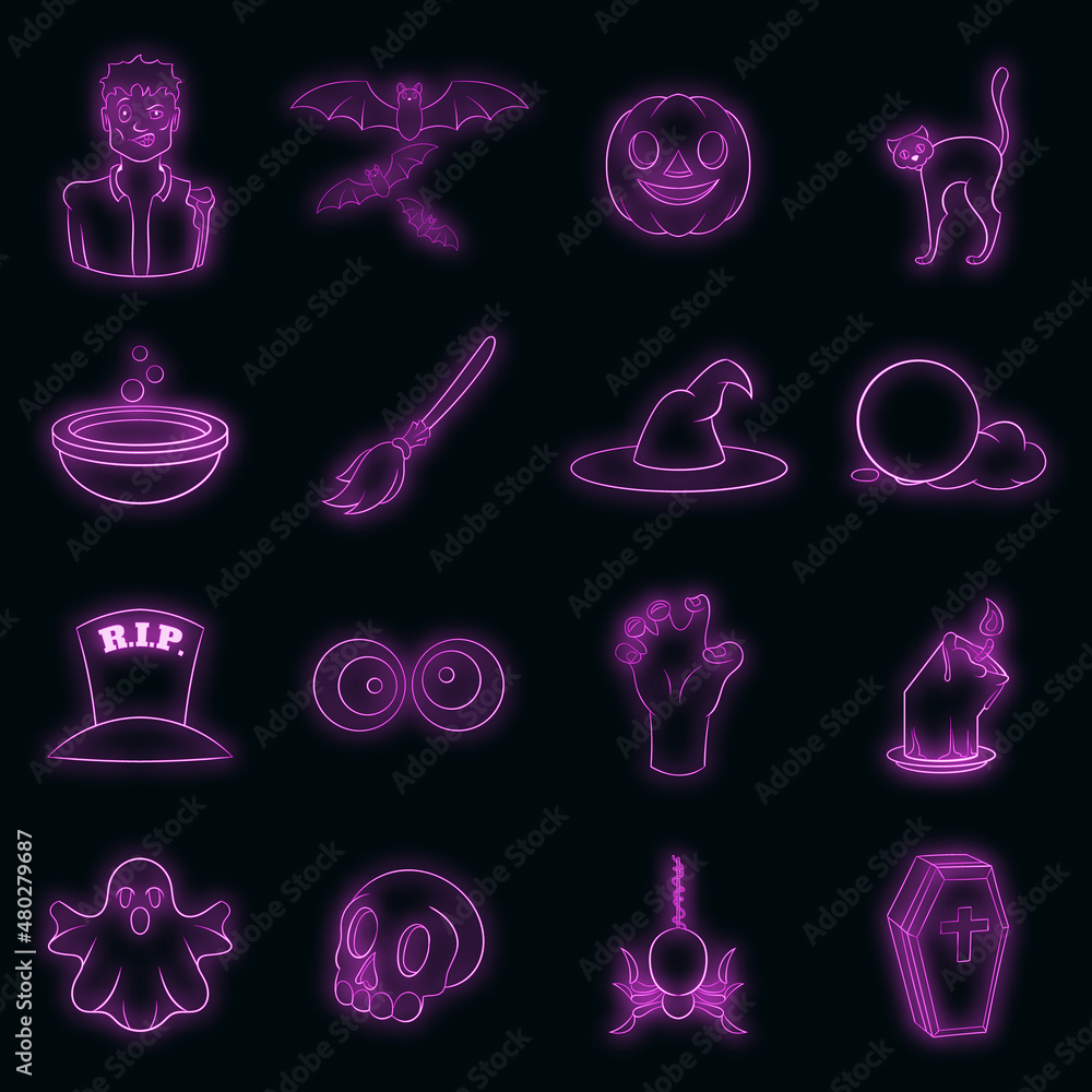 Sticker Halloween icons set in neon style. Halloween holiday elements set collection vector illustration - Stickers