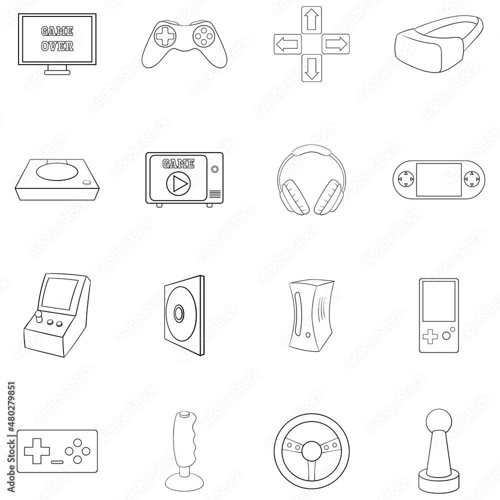 Poster video game set icons in outline style isolated on white background